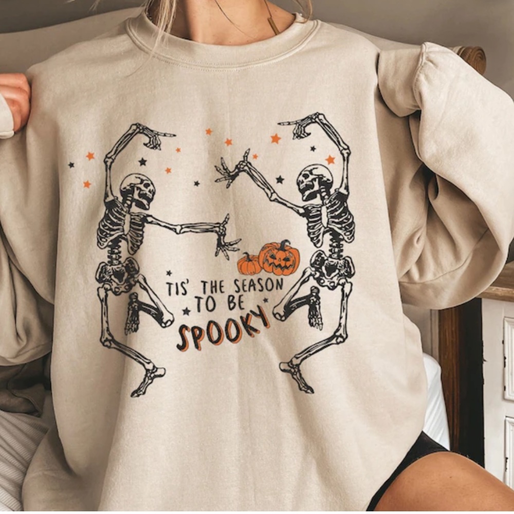 Etsy Skeleton Halloween Spooky Season Oversized Cozy Fall Sweatshirt.